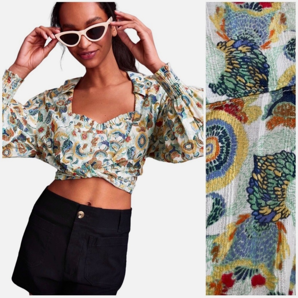 Anthropologie Twist Crop Top Set Long Sleeve + Floral Bustier Bra Top Cotton